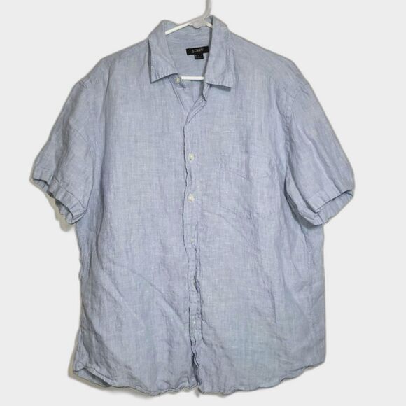 J Crew Men's Blue Linen Button Up Short Sleeve Shirt Large - Picture 1 of 8
